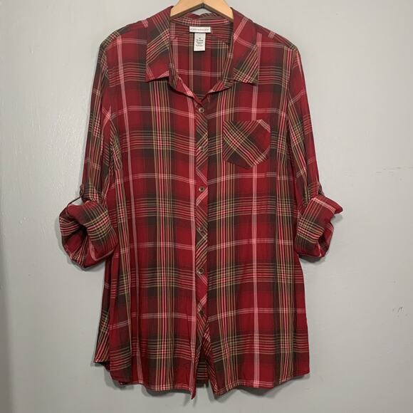 Catherines Plus Size 1X Equestrian Earthy Plaid Button Up Shirt Country Western - Picture 6 of 8